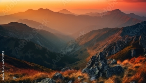 Majestic mountain range  tranquil meadow  peaceful sunrise generated by AI