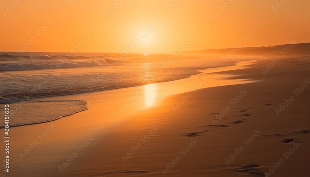 Sunset over sand and wave, nature beauty generated by AI Sunset over sand and wave, nature beauty generated by AI
