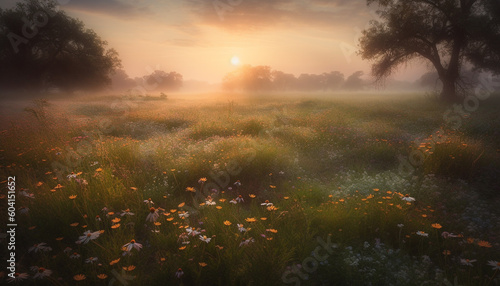 Sunrise over meadow, wildflowers blossom in dawn generated by AI