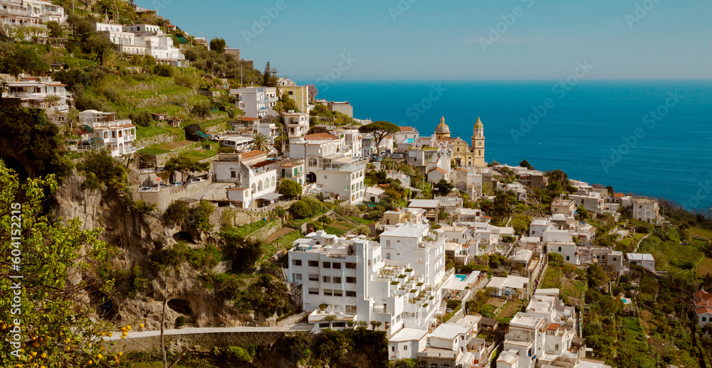 Panorama of Praiano town and Amalfi Coast in Campania, Italy