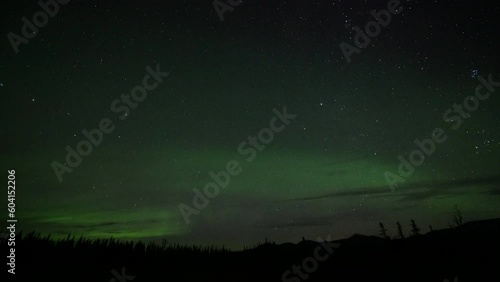 Astonishing, amazing northern lights aurora borealis seen in Yukon Territory, northern Canada. Timelapse video of aurora bands moving across the north sky with green colours. 	