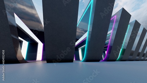 Futuristic architecture background geometric building glowing neon 3d render