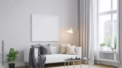 Mockup frame in white cozy living room interior background, 3d render, Bright color. Generative Ai