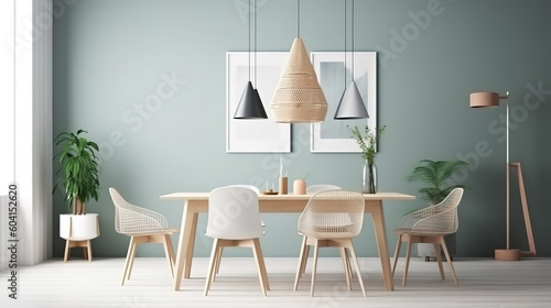 Poster mock up in modern dining room  Scandinavian style. Generative Ai