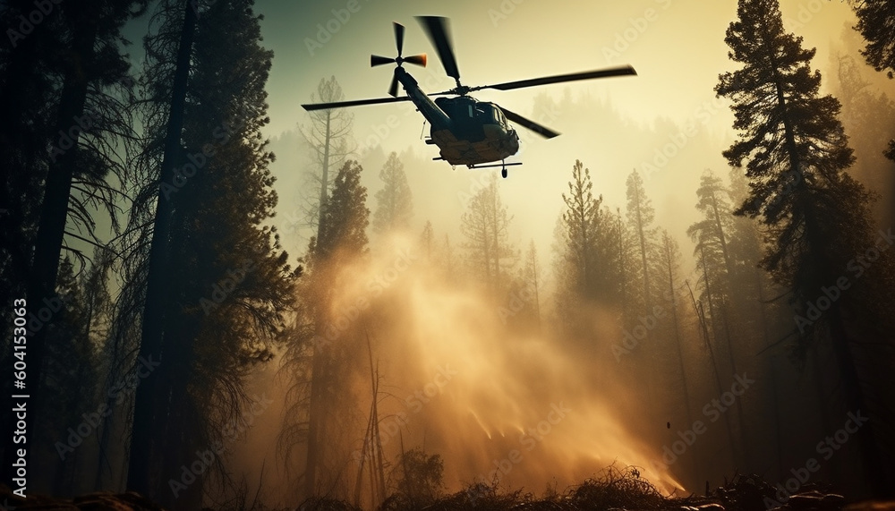 Helicopter hovering mid air, transporting firefighters to forest fire generated by AI Helicopter hovering mid air, transporting firefighters to forest fire generated by AI