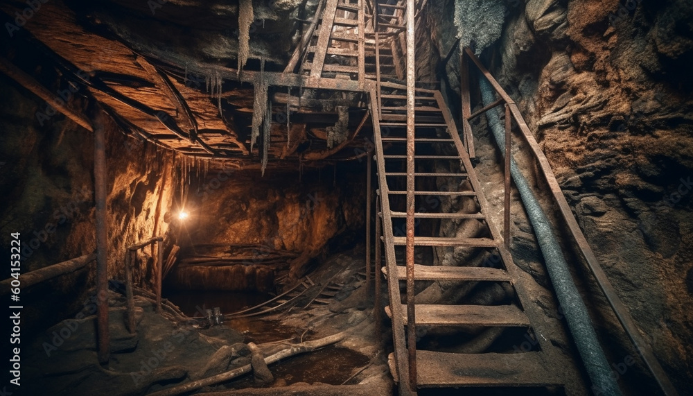 Men explore dark, abandoned coal mine underground generated by AI Men explore dark, abandoned coal mine underground generated by AI