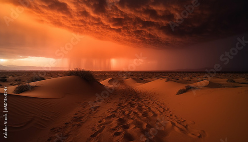Sunset over sand dunes, a tranquil scene generated by AI