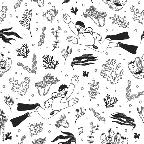 Pattern with scuba diver, corals and seaweed. Man diving in the sea. Vector seamless hand-drawn texture.