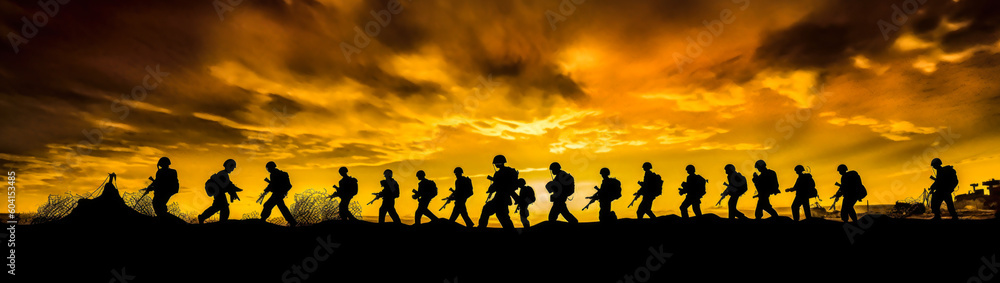 Stunning and emotive image of silhouetted soldiers marching in an arid landscape, bathed in the warm hues of a dramatic sunset; showcases unity, discipline, and camaraderie. Generative AI Stunning and emotive image of silhouetted soldiers marching in an arid landscape, bathed in the warm hues of a dramatic sunset; showcases unity, discipline, and camaraderie. Generative AI
