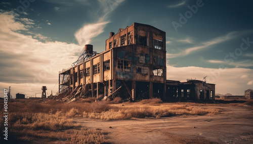 Abandoned factory ruins old industry, damaged architecture, rusty generated by AI © Stockgiu