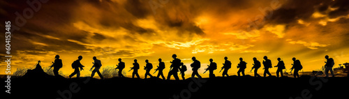 Stunning and emotive image of silhouetted soldiers marching in an arid landscape, bathed in the warm hues of a dramatic sunset; showcases unity, discipline, and camaraderie. Generative AI