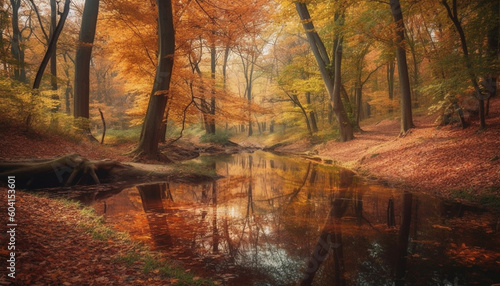 Tranquil autumn forest, leaves falling, vibrant colors generated by AI