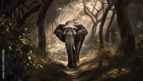 African elephant walking through tranquil tropical forest generated by AI