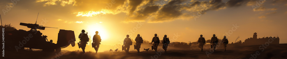 Stunning emotive image of soldiers carrying a fallen comrade on stretcher during sunset, showcasing camaraderie and sacrifice. Ideal for military-themed campaigns or heartfelt stories. Generative AI
