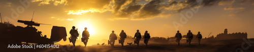 Stunning emotive image of soldiers carrying a fallen comrade on stretcher during sunset, showcasing camaraderie and sacrifice. Ideal for military-themed campaigns or heartfelt stories. Generative AI © XaMaps