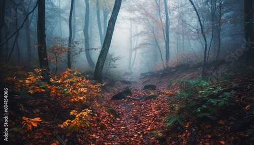 Walking through the spooky autumn forest trail generated by AI