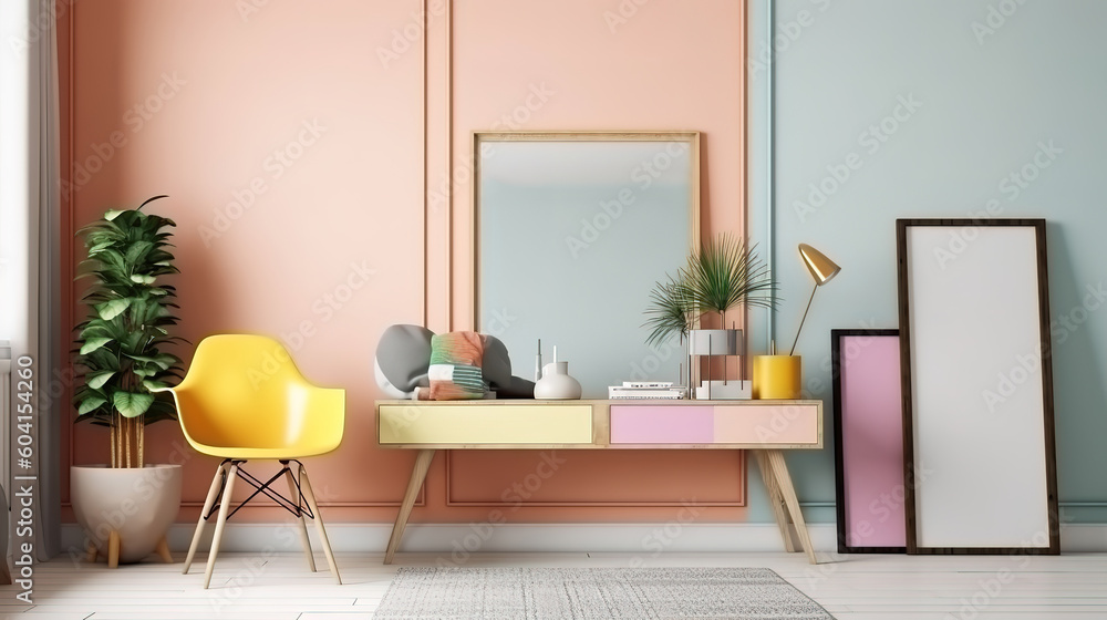 Creative composition of stylish scandi dining room interior with frame. Generative Ai Creative composition of stylish scandi dining room interior with frame. Generative Ai