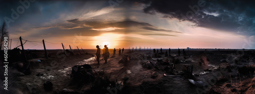 Captivating image of soldiers in Eastern European windswept steppes, huddled in a trench amidst heavy artillery fire at dusk, evoking vulnerability and emotion. Generative AI photo