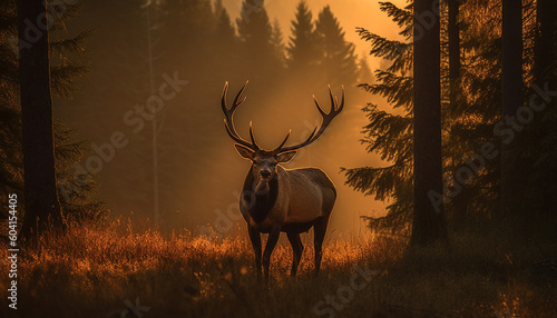 Horned stag grazes in tranquil forest meadow generated by AI © Stockgiu