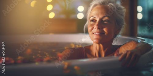 Wellness and SPA for a gorgeous middle age woman 50 years old. Luxury bathroom with warm water for relaxing treatments for un adult woman. AI Generative