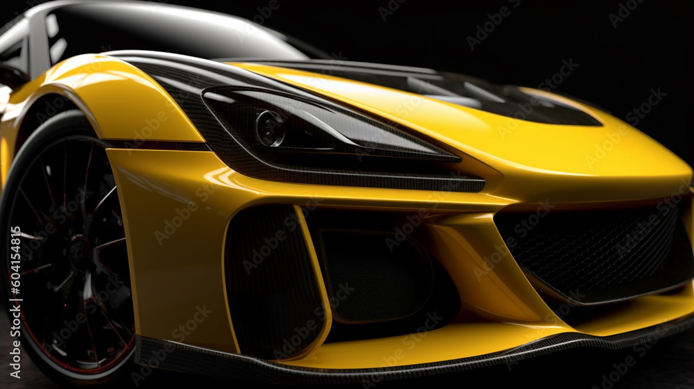 Closeup on front of generic and unbranded car A super yellow sports car background wallpaper illustration. generative ai