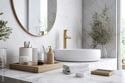 Mockup space for displaying your bathroom accessories and items on a luxurious white tabletop with a blurred modern bathroom background. Generative AI