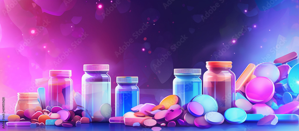 Medical banner Pile of various pills and containers on colored background pharmacology generative ai - obrazy, fototapety, plakaty 