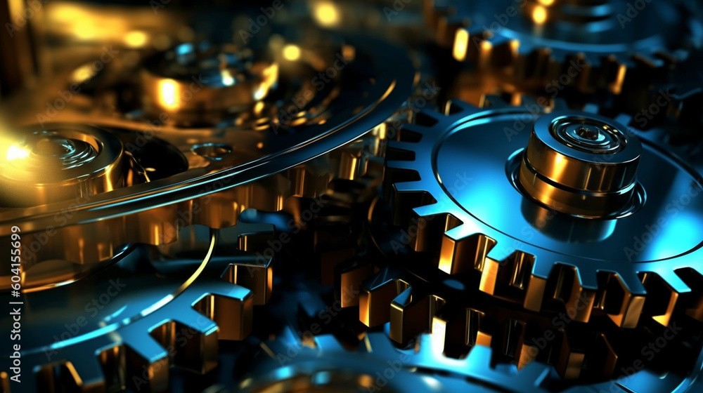 Two Part Gear Rim machine parts, gear wheels, cogs and ball bearings against steel, blue ...