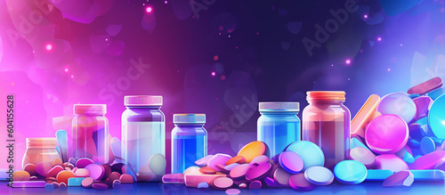 Medical banner Pile of various pills and containers on colored background pharmacology generative ai photo