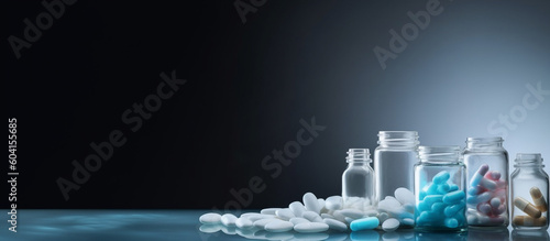 Wallpaper Mural Medical banner Pile of various pills and containers on black background pharmacology generative ai Torontodigital.ca