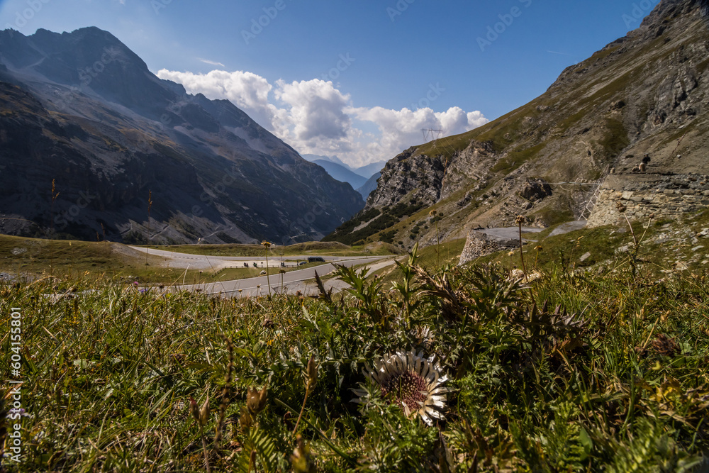 Clouds over mountain scenic road Stelvio Pass in Alps