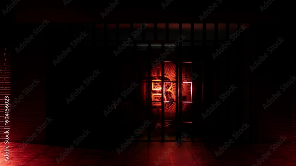 3d render animation of bitcoin closing into jail prison gate closing lights shut down and black background