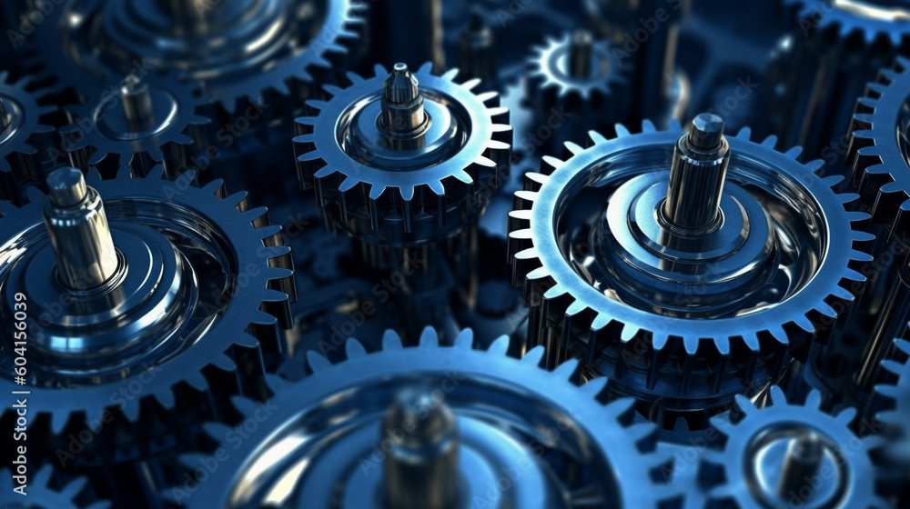machine parts, gear wheels, cogs and ball bearings against steel, blue toning concept ai generative wallpaper machine parts, gear wheels, cogs and ball bearings against steel, blue toning concept ai generative wallpaper