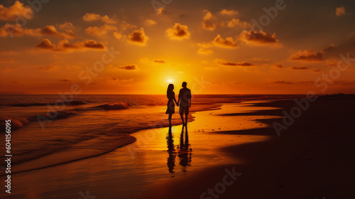 Silhouettes of lovers on the beach at sunset, generative ai 