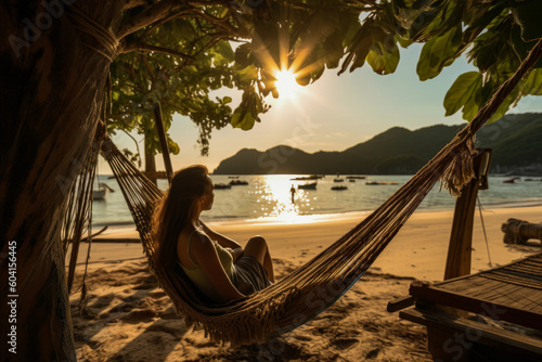 Woman relaxing in a hammock on an exotic beach, generative ai