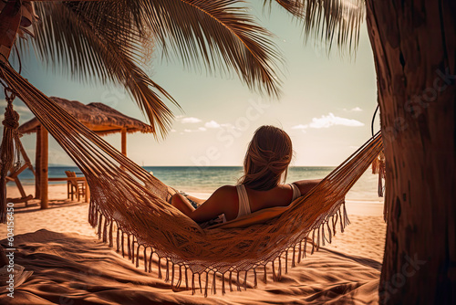 Woman relaxing in a hammock on an exotic beach, generative ai