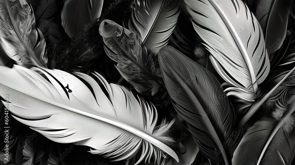 Fototapeta premium Background with feathers, black & white color. Generative Ai