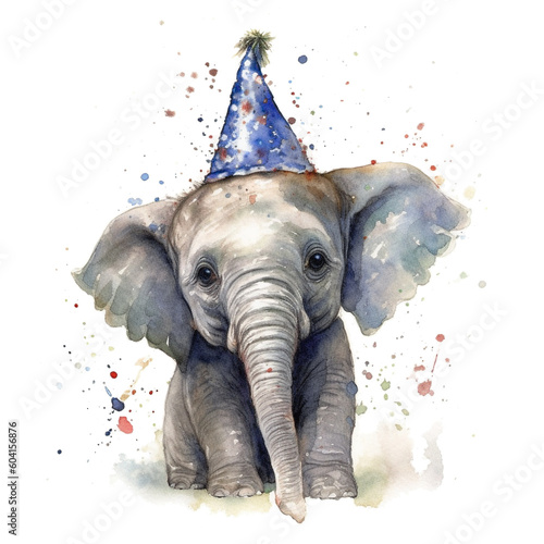 portrait baby elephant wearing party hat on head in watercolor for birthday greetings