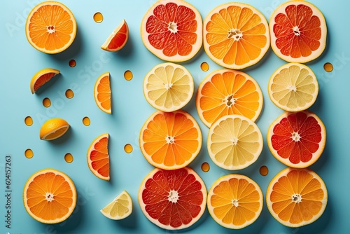 halved oranges arranged on a blue background. Generative AI