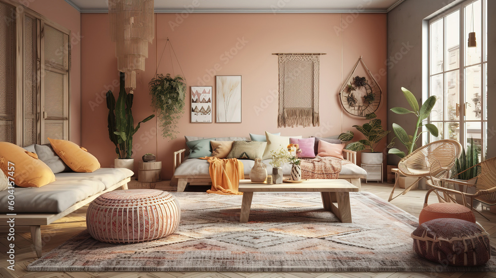 Obraz premium Scandi–Boho living room, light and expansive. Generative Ai