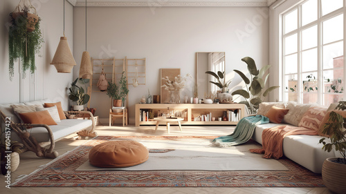 Light and spacious bohemian living room, Scandi–Boho style. Generative Ai
