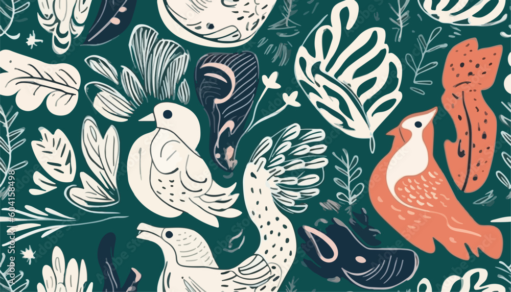 Fototapeta premium Hand drawn abstract flowers and birds illustration pattern. Collage contemporary print. Fashionable template for design. Ethnic style