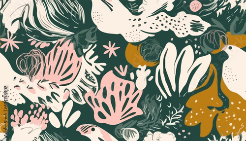 Hand drawn abstract flowers and birds illustration pattern. Collage contemporary print. Fashionable template for design. Ethnic style