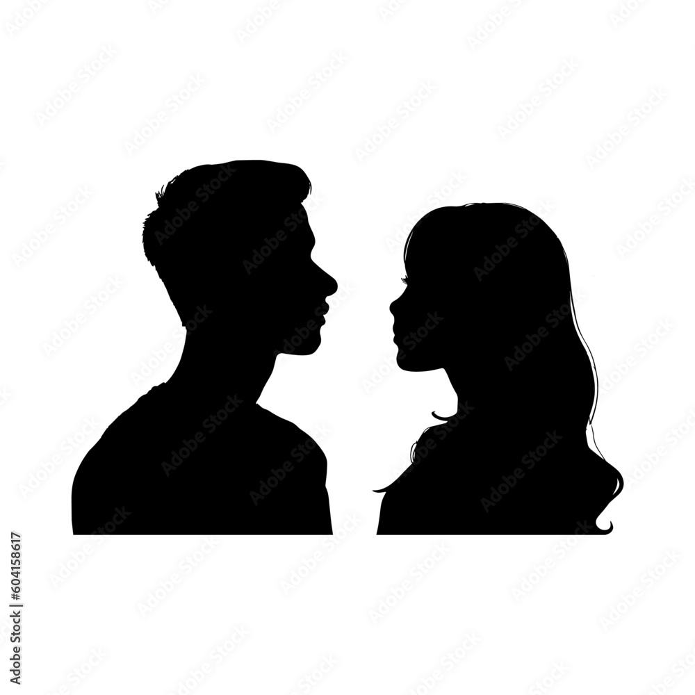Vector illustration. Black silhouette of a couple in love looking at each other. Vector illustration. Black silhouette of a couple in love looking at each other.