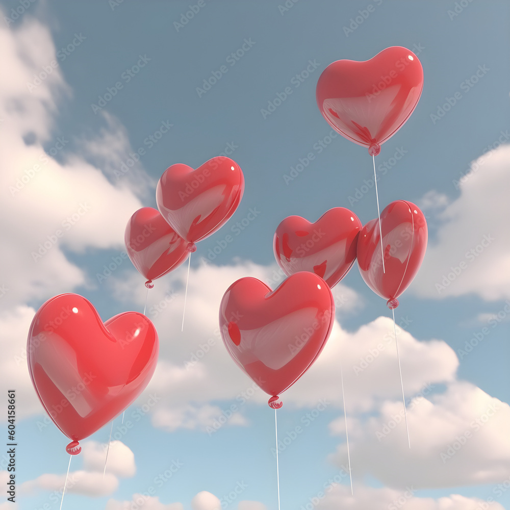 Generative AI, illustrations, Beautiful red air balloon heart shape against blue sky in a sunny bright morning.
