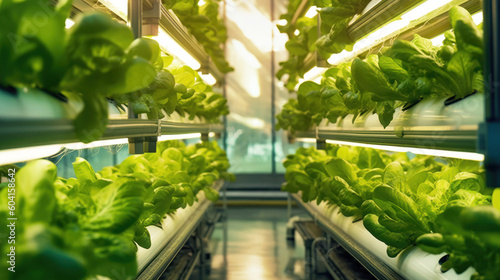 Hydroponics and Vertical farming concept. Water-saving farming, controlled environment. Precise nutrient control, higher yields. Copy space. Banner. Generative AI
