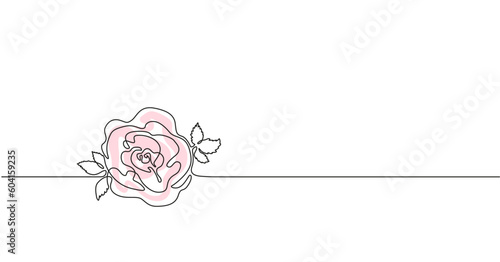 Vector illustration of rose and leaves. Simple one line art with the flower.	