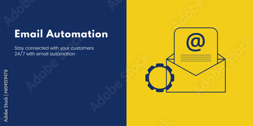 Email Automation Banner on Blue and Yellow Background. Stylish Email Banner with White Text and Icons for Business and Marketing