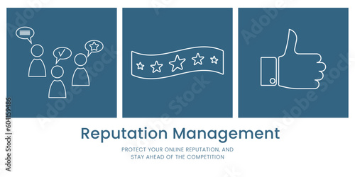 Reputation Management Banner on White and Blue Background. Stylish Banner with Text and Icons for Business and Marketing