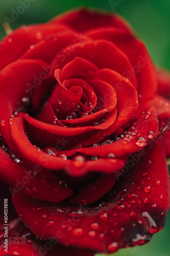 Fototapeta Naklejka Na Ścianę i Meble -  Dew drops on red rose petals, macro shot.